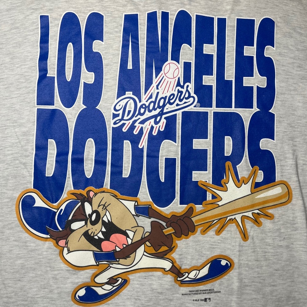 Vintage 1995 Los Angeles Dodgers Taz Looney Tunes Jersey Sun Sportswear‎ XL Gray